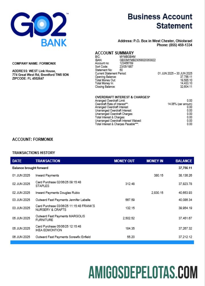 Imprimível Reino Unido GO2 Firm Account Statement Word And PDF model